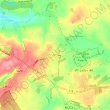 Mappa topografica Thornley, altitudine, rilievo