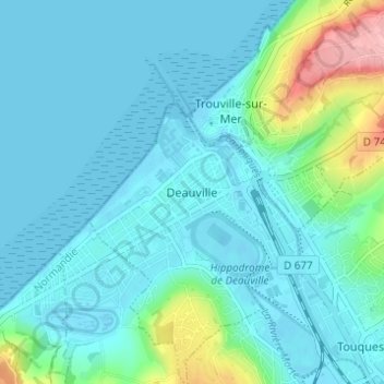 Mappa topografica Deauville, altitudine, rilievo