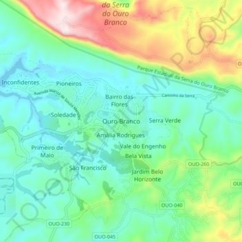 Mappa topografica Ouro Branco, altitudine, rilievo