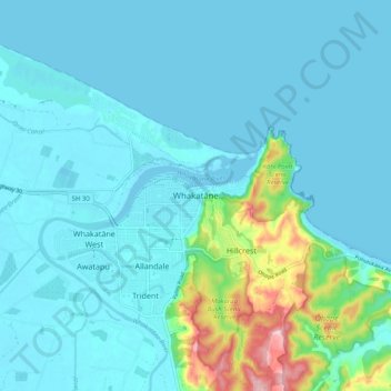 Mappa topografica Whakatāne, altitudine, rilievo
