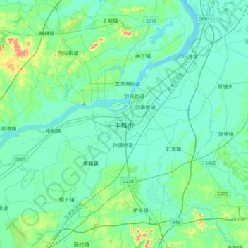 Mappa topografica 丰城市, altitudine, rilievo