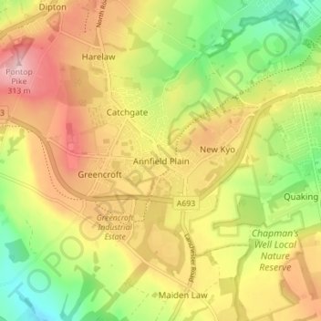 Mappa topografica Annfield Plain, altitudine, rilievo