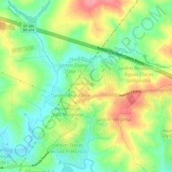 Mappa topografica Cajuru do Sul, altitudine, rilievo
