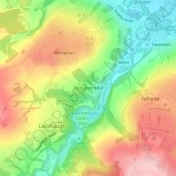 Mappa topografica Winlaton Mill, altitudine, rilievo