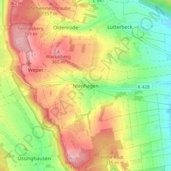 Mappa topografica Nienhagen, altitudine, rilievo