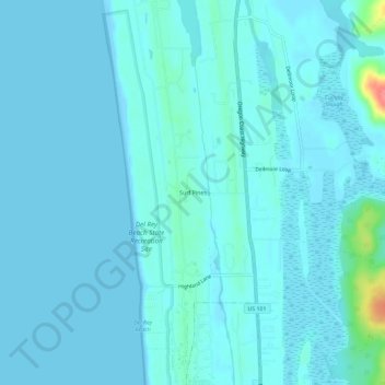 Mappa topografica Surf Pines, altitudine, rilievo