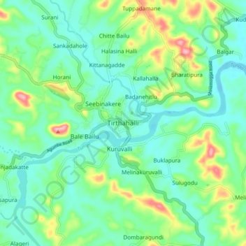 Mappa topografica Tirthahalli, altitudine, rilievo