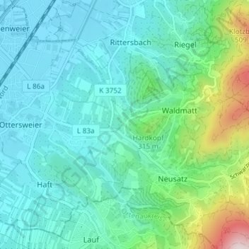 Mappa topografica Hard, altitudine, rilievo