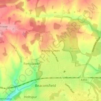Mappa topografica Knotty Green, altitudine, rilievo