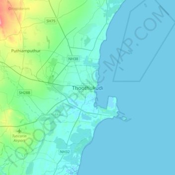 Mappa topografica Thoothukudi, altitudine, rilievo