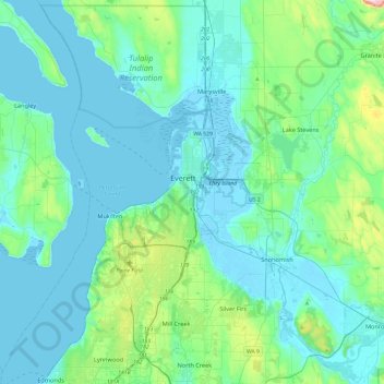 Mappa topografica Everett, altitudine, rilievo