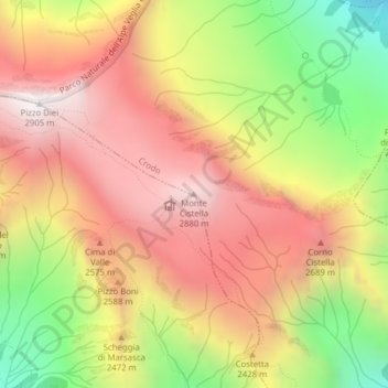 Mappa topografica Monte Cistella, altitudine, rilievo