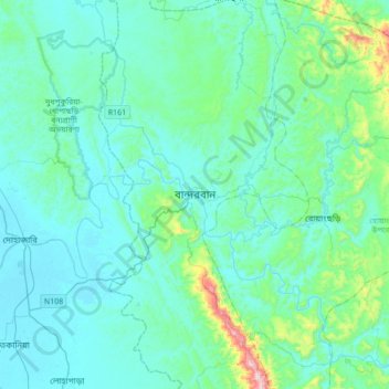 Mappa topografica Bandarban, altitudine, rilievo