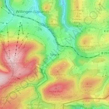 Mappa topografica Stryck, altitudine, rilievo