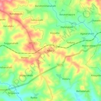 Mappa topografica Aluru, altitudine, rilievo