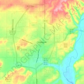 Mappa topografica Tahlequah, altitudine, rilievo