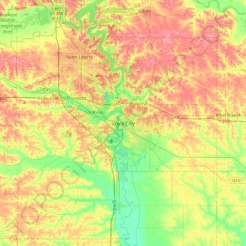 Mappa topografica Iowa City, altitudine, rilievo
