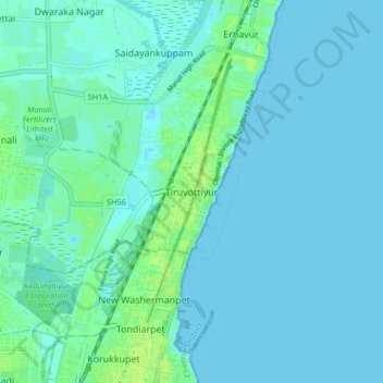 Mappa topografica Tiruvottiyur, altitudine, rilievo