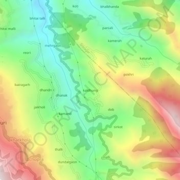 Mappa topografica kaldhung, altitudine, rilievo