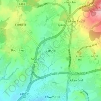 Mappa topografica Catshill, altitudine, rilievo
