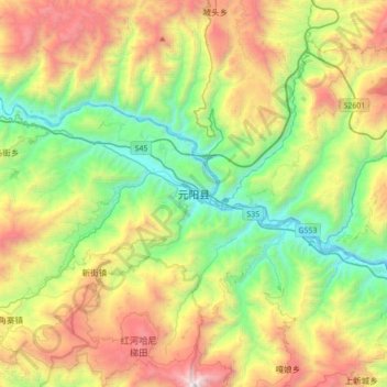Mappa topografica 元阳县, altitudine, rilievo