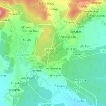 Mappa topografica O Valcarcel, altitudine, rilievo
