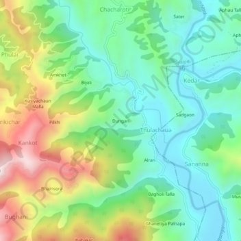 Mappa topografica Dungari, altitudine, rilievo