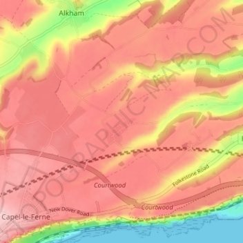 Mappa topografica West Hougham, altitudine, rilievo
