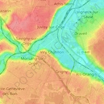 Mappa topografica Viry-Châtillon, altitudine, rilievo