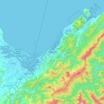 Mappa topografica Nelson, altitudine, rilievo