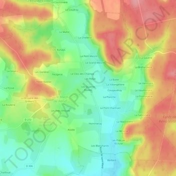 Mappa topografica Les Quatres Routes, altitudine, rilievo