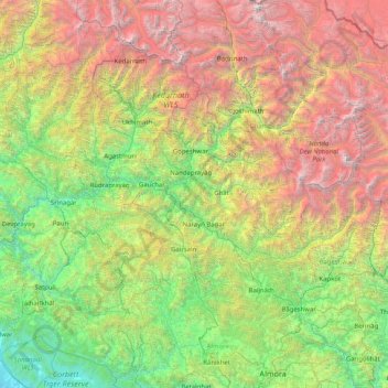 Mappa topografica Garhwāl, altitudine, rilievo