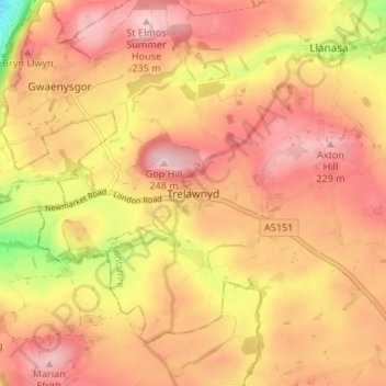 Mappa topografica Trelawnyd, altitudine, rilievo