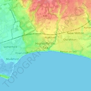 Mappa topografica Highcliffe-on-Sea, altitudine, rilievo