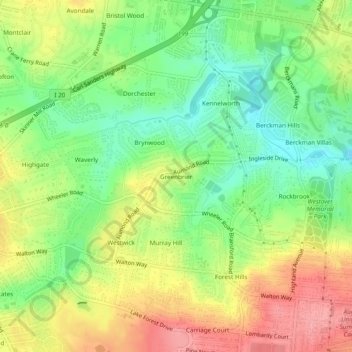 Mappa topografica Greenbrier, altitudine, rilievo