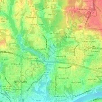 Mappa topografica Brookside, altitudine, rilievo