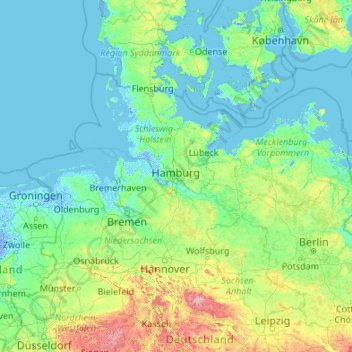 Mappa topografica Hamburg, altitudine, rilievo