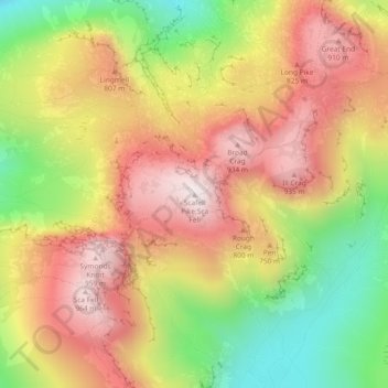 Mappa topografica Scafell Pike, altitudine, rilievo