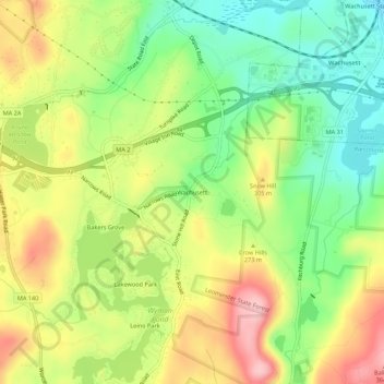 Mappa topografica Wachusett, altitudine, rilievo