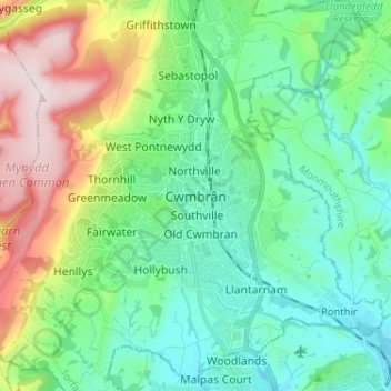 Mappa topografica Cwmbrân, altitudine, rilievo