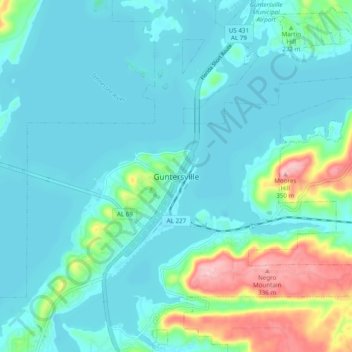 Mappa topografica Guntersville, altitudine, rilievo