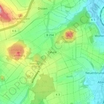 Mappa topografica Deute, altitudine, rilievo