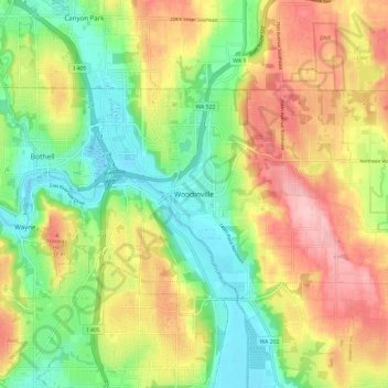 Mappa topografica Woodinville, altitudine, rilievo