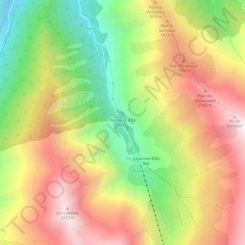 Mappa topografica Pradières d'En Bas, altitudine, rilievo