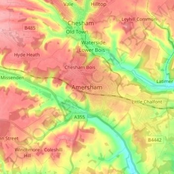 Mappa topografica Amersham, altitudine, rilievo