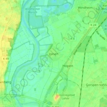 Mappa topografica Jössen, altitudine, rilievo