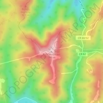 Mappa topografica Rich Mountain, altitudine, rilievo