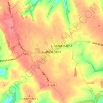 Mappa topografica Ludford Parva, altitudine, rilievo