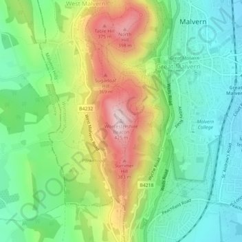 Mappa topografica Worcestershire Beacon, altitudine, rilievo