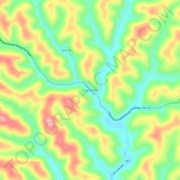 Mappa topografica Cox's Mills, altitudine, rilievo